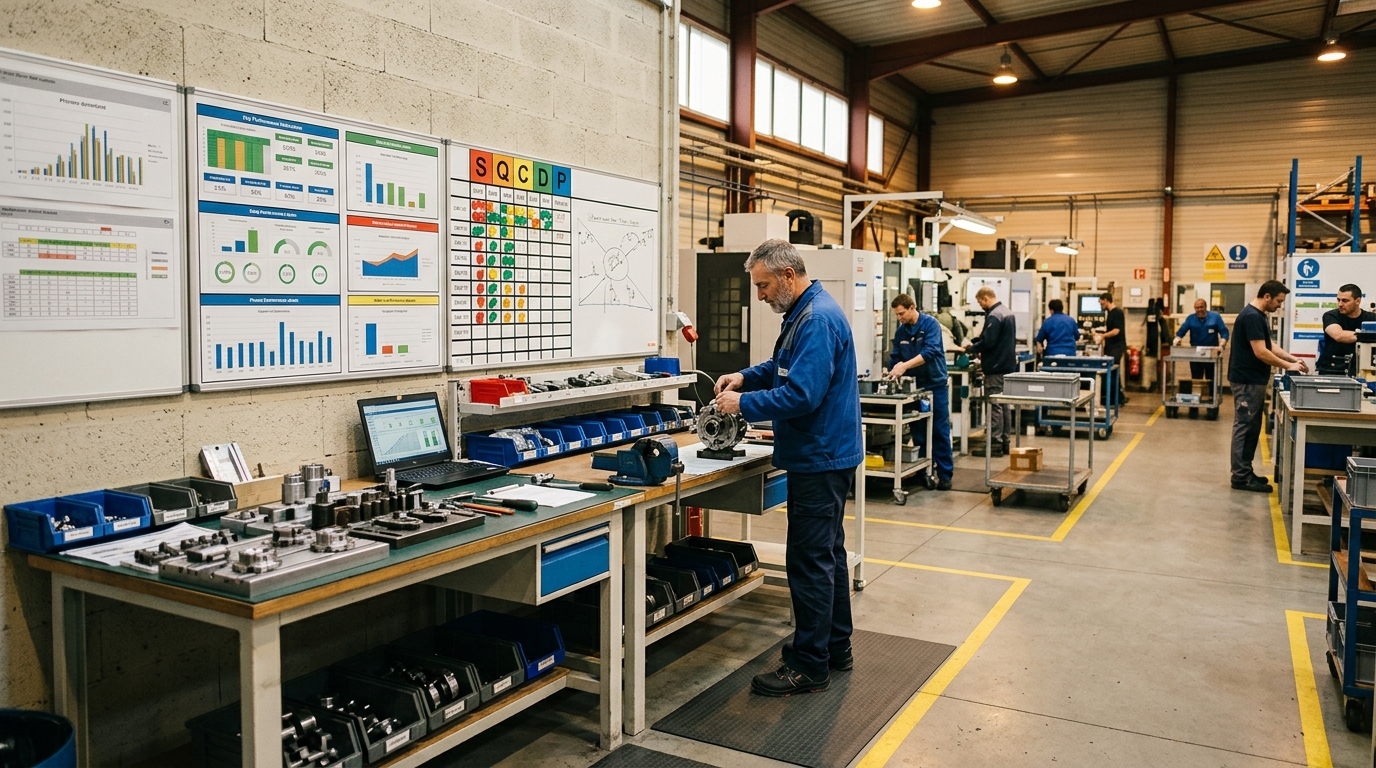 Tableau Kanban dans un atelier industriel PME, post-it en français À faire / En cours / Fait