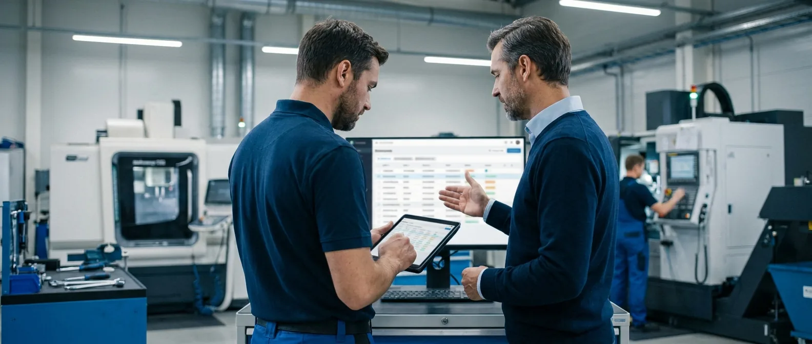 Technicien de maintenance PME industrielle consultant une tablette avec interface GMAO no-code
